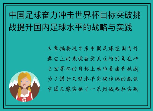 中国足球奋力冲击世界杯目标突破挑战提升国内足球水平的战略与实践