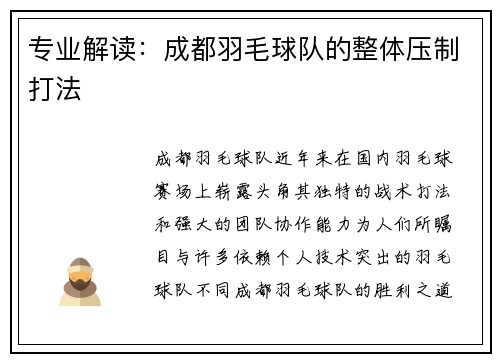 专业解读:成都羽毛球队的整体压制打法