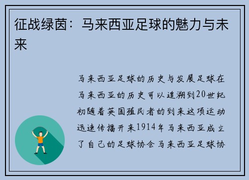 征战绿茵：马来西亚足球的魅力与未来