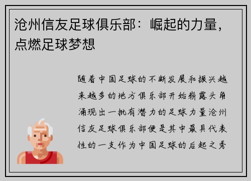 沧州信友足球俱乐部:崛起的力量,点燃足球梦想