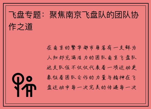 飞盘专题：聚焦南京飞盘队的团队协作之道